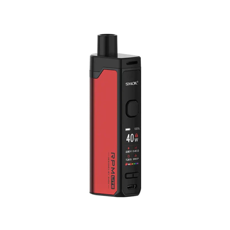 SMOK RPM Lite Red pod vape kit with 1250mAh rechargeable battery, adjustable wattage up to 40W, and refillable pod cartridge system.
