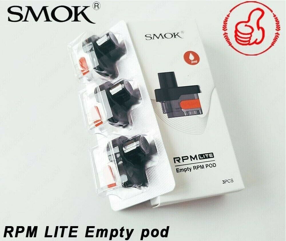 SMOK RPM Lite replacement pods, pack of 3 refillable cartridges for RPM Lite pod vape kit with 1250mAh battery and 40W output.