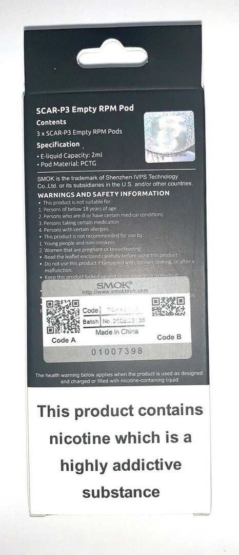 SMOK Scar-P3 empty RPM replacement pods, TPD compliant 2ml refillable cartridges, pack of 3 for Scar-P3 pod vape kit.