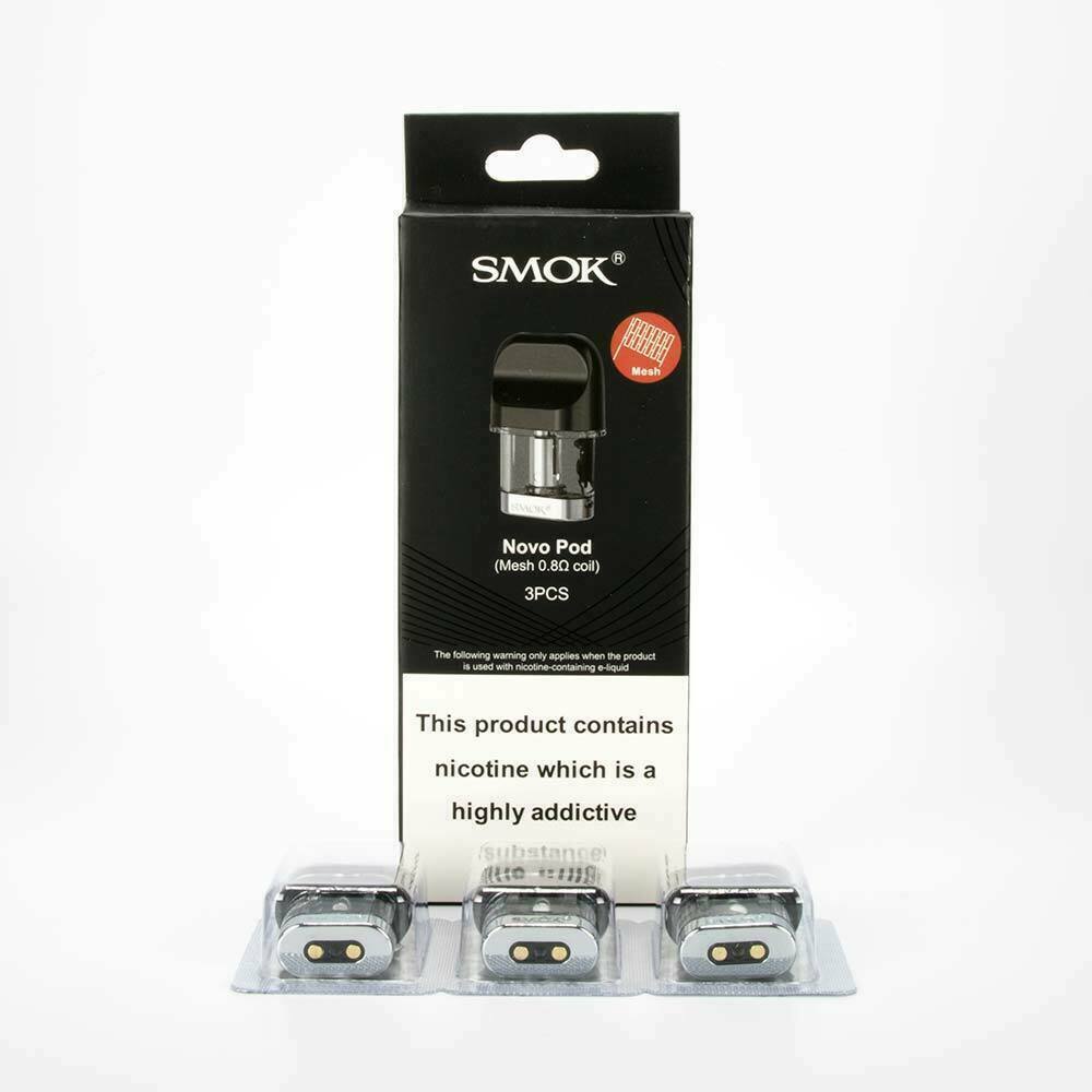 SMOK Novo 0.8 ohm mesh replacement pods, pack of 3 refillable cartridges for SMOK Novo pod vape kits.