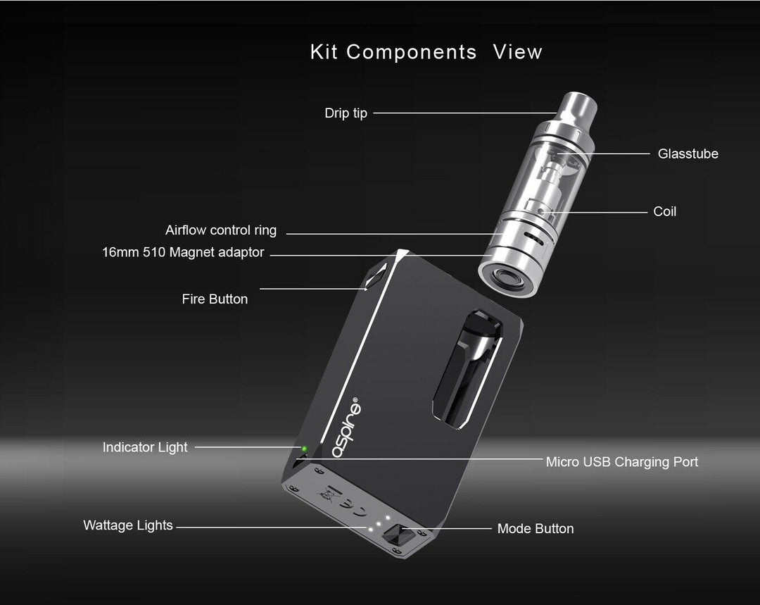 Aspire K1 Stealth vape e-cigarette starter kit with 1000mAh battery and Aspire K1 Plus refillable tank for long-lasting vaping.