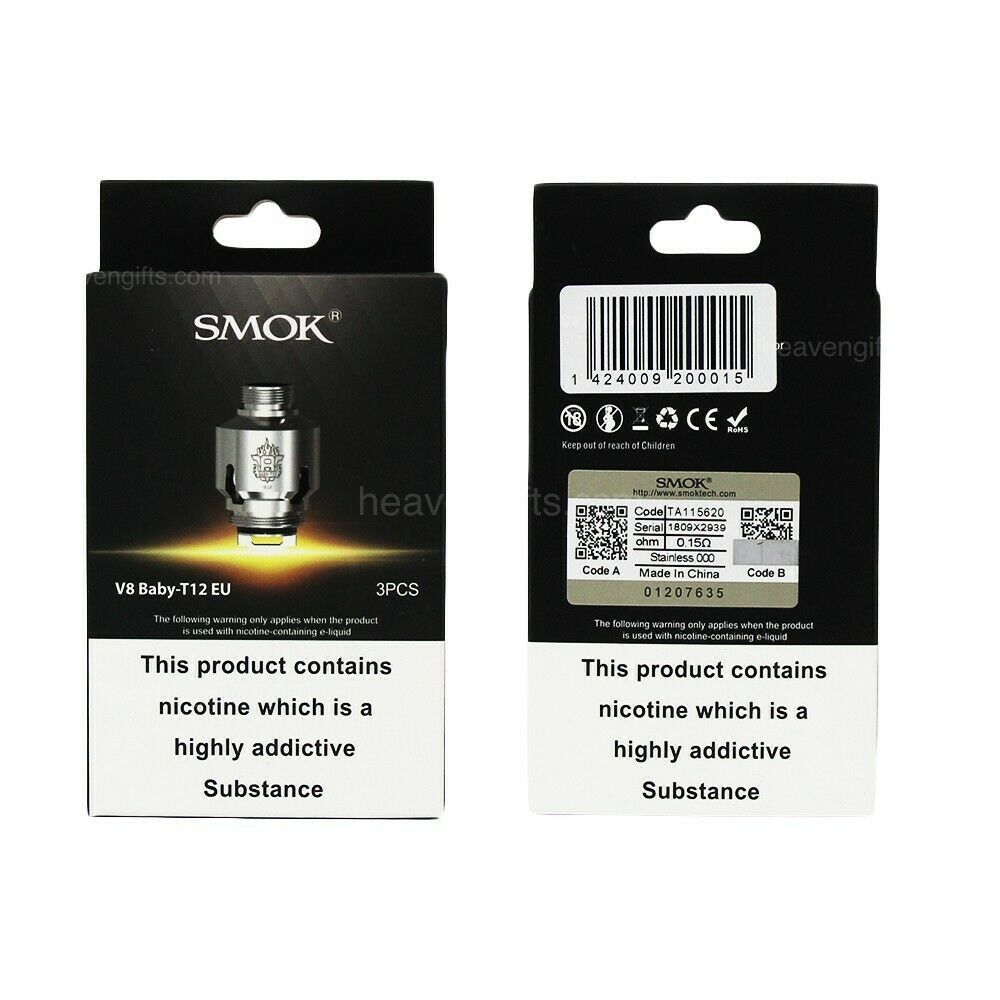 Pack of three SMOK V8 Baby T12 EU 0.15ohm replacement coils for the Cloud Beast tank, designed for dense vapor and rich flavor.