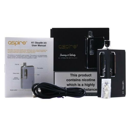 Aspire K1 Stealth vape e-cigarette starter kit with 1000mAh battery and Aspire K1 Plus refillable tank for long-lasting vaping.