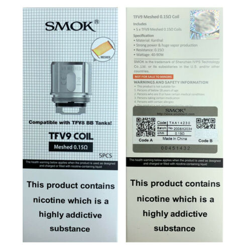 SMOK TFV9 0.15ohm meshed replacement coils, pack of 5, TPD compliant for TFV9 sub-ohm tanks.