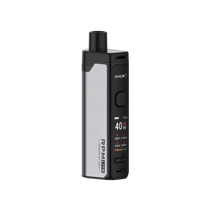 SMOK RPM Lite Silver pod vape kit with 1250mAh rechargeable battery, adjustable wattage up to 40W, and refillable pod cartridge system.