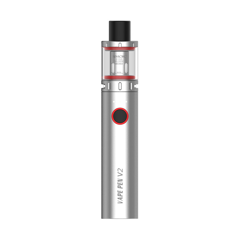 Smok Vape Pen V2 Starter Kit in Stainless Steel – a sleek and user-friendly vape pen with 1600mAh battery, direct output, and mesh coil for rich flavor and vapor production.
