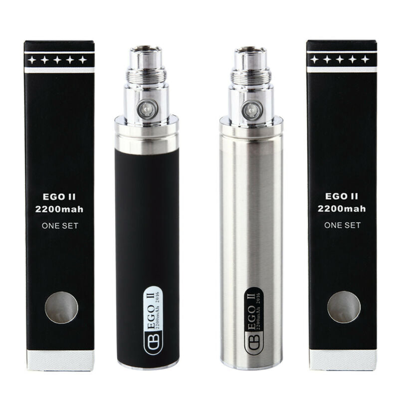 Set of two GS eGo II 2200mAh or GS eGo III 3200mAh vape batteries with USB charger, offering long-lasting power for vaping.