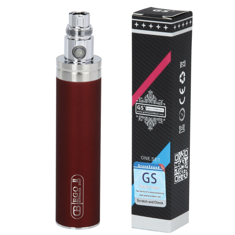 GS eGo II 2200mAh high-capacity vape battery in Red with long USB charger for extended vaping sessions.