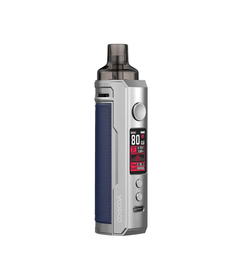 Voopoo Drag X Pod Mod Kit in Silver and Blue – stylish and powerful vape kit featuring a silver frame with bold blue leather grip, up to 80W output, GENE.TT chipset, and PnP pod compatibility for a versatile sub-ohm experience.