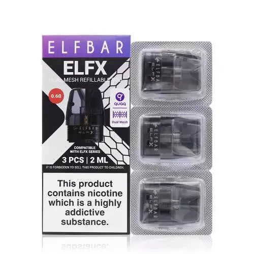 Elf Bar ELFX replacement pods in 0.6 Ohm, designed for the ELFX device with easy side-fill system, leak-resistant build, and smooth coil performance for consistent flavor and vapor