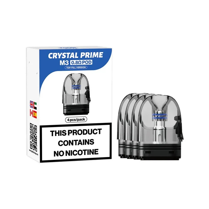 Crystal Prime M3 Replacement Pods 0.8 Ohm pack of 4 – prefilled vape pods designed for smooth flavour and consistent performance