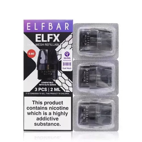 Elf Bar ELFX replacement pods in 9.8 Ohm, designed for the ELFX device with easy side-fill system, leak-resistant build, and smooth coil performance for consistent flavor and vapor