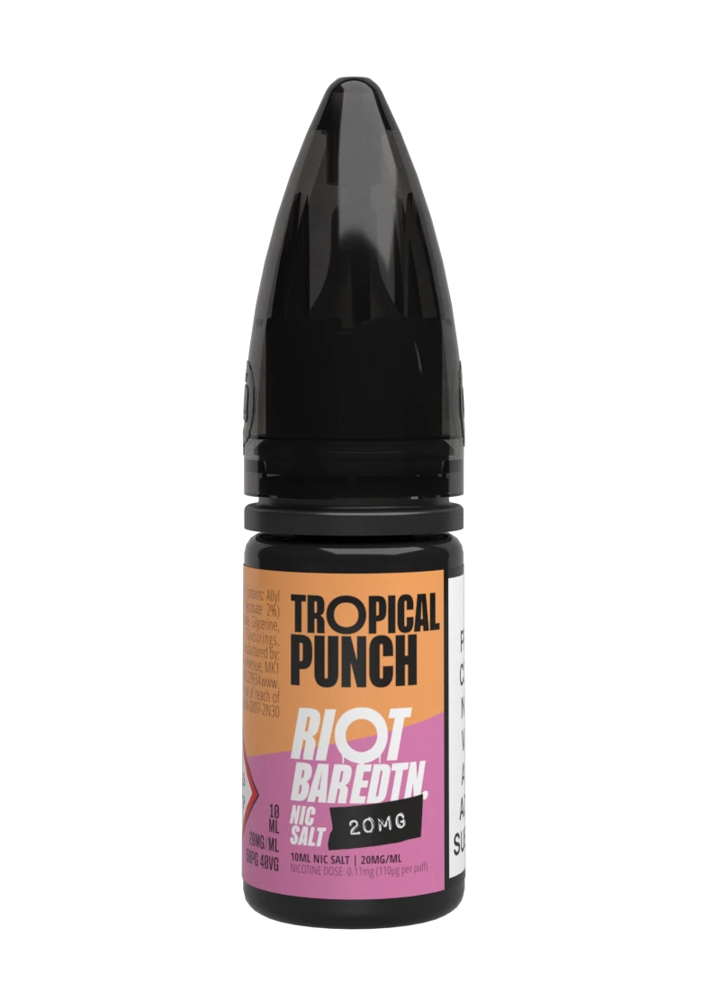10× Riot Squad Bar Edition Nic Salt E‑Liquids in Tropical Punch – a pack of ten 10 ml bottles featuring a formulated with smooth nicotine salt and a 40/60 PG/VG base for a richer vapor experience.