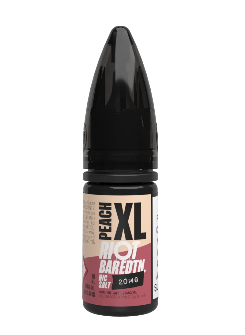 10× Riot Squad Bar Edition Nic Salt E‑Liquids in Peach XL – a pack of ten 10 ml bottles featuring a formulated with smooth nicotine salt and a 40/60 PG/VG base for a richer vapor experience.