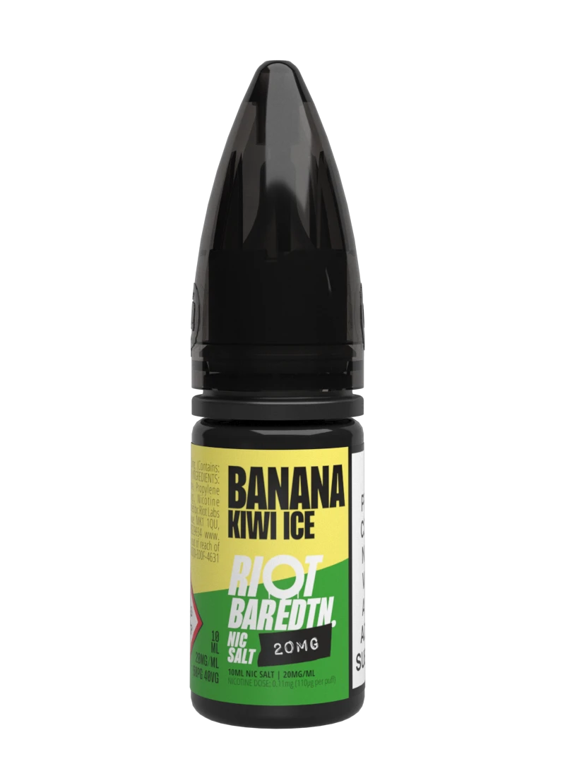 10× Riot Squad Bar Edition Nic Salt E‑Liquids in Banana Kiwi Ice – a pack of ten 10 ml bottles featuring a formulated with smooth nicotine salt and a 40/60 PG/VG base for a richer vapor experience.