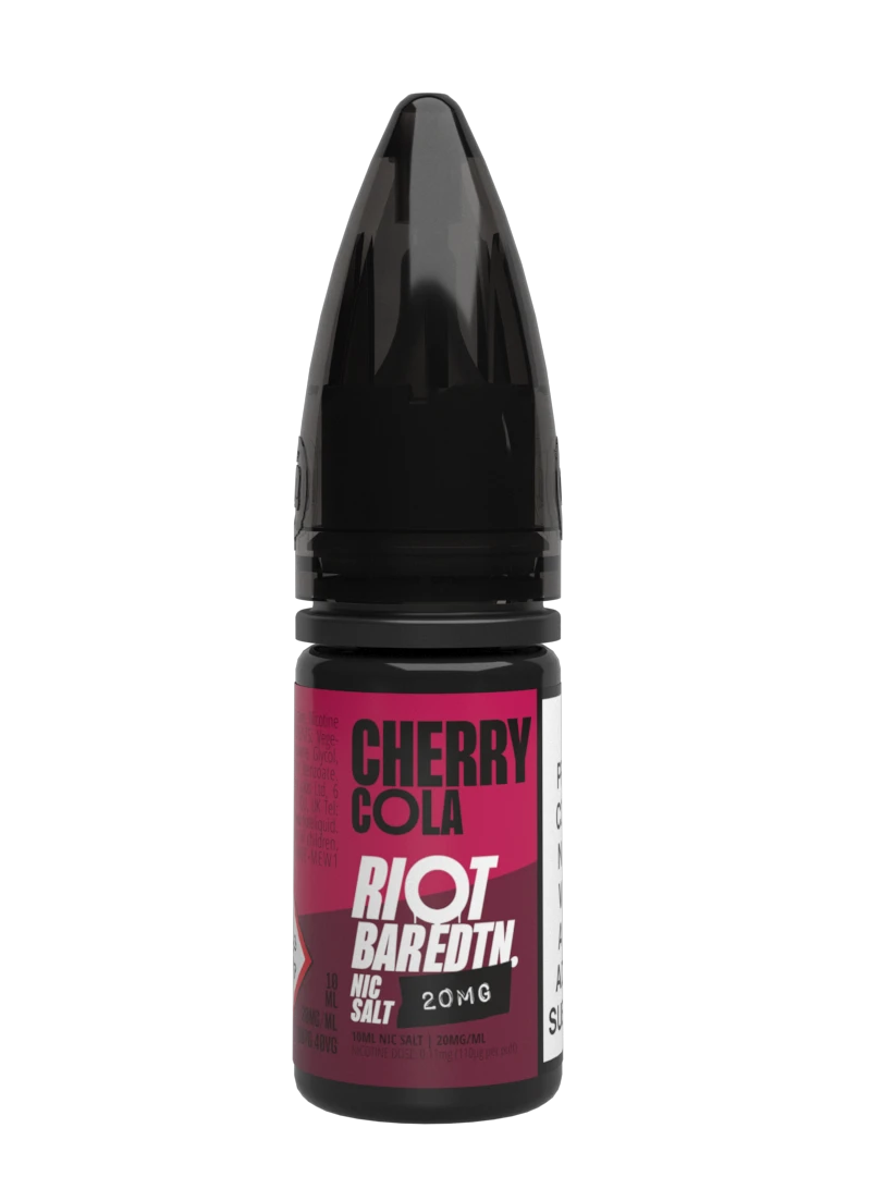 10× Riot Squad Bar Edition Nic Salt E‑Liquids in Cherry Cola – a pack of ten 10 ml bottles featuring a formulated with smooth nicotine salt and a 40/60 PG/VG base for a richer vapor experience.