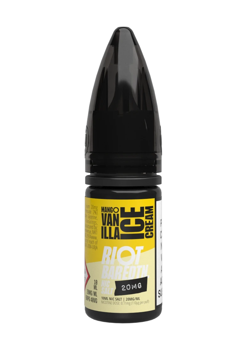 10× Riot Squad Bar Edition Nic Salt E‑Liquids in Mango Vanilla Ice-cream – a pack of ten 10 ml bottles featuring a formulated with smooth nicotine salt and a 40/60 PG/VG base for a richer vapor experience.
