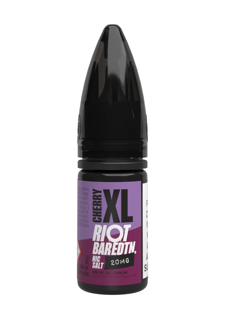 10× Riot Squad Bar Edition Nic Salt E‑Liquids in Cherry XL – a pack of ten 10 ml bottles featuring a formulated with smooth nicotine salt and a 40/60 PG/VG base for a richer vapor experience.