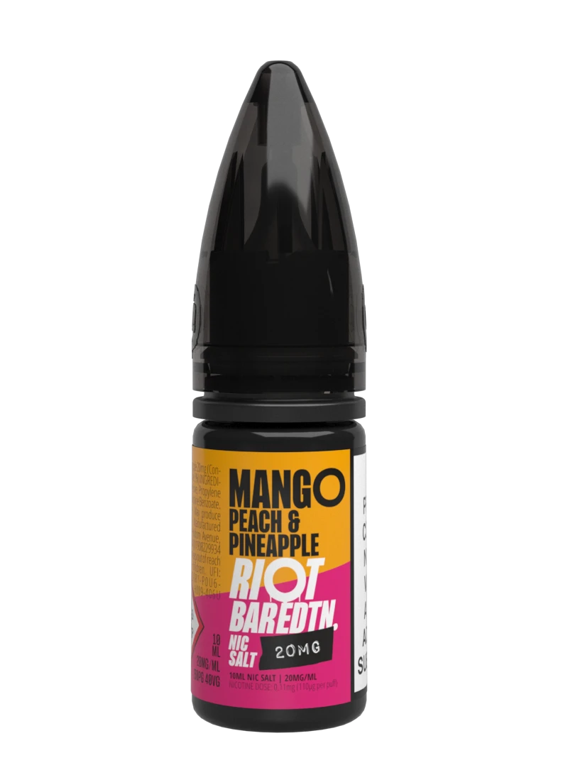 10× Riot Squad Bar Edition Nic Salt E‑Liquids in Mango Peach & Pineapple – a pack of ten 10 ml bottles featuring a formulated with smooth nicotine salt and a 40/60 PG/VG base for a richer vapor experience.