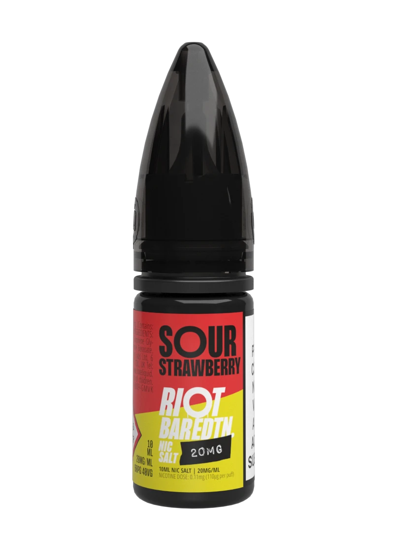 10× Riot Squad Bar Edition Nic Salt E‑Liquids in Sour Strawberry – a pack of ten 10 ml bottles featuring a formulated with smooth nicotine salt and a 40/60 PG/VG base for a richer vapor experience.
