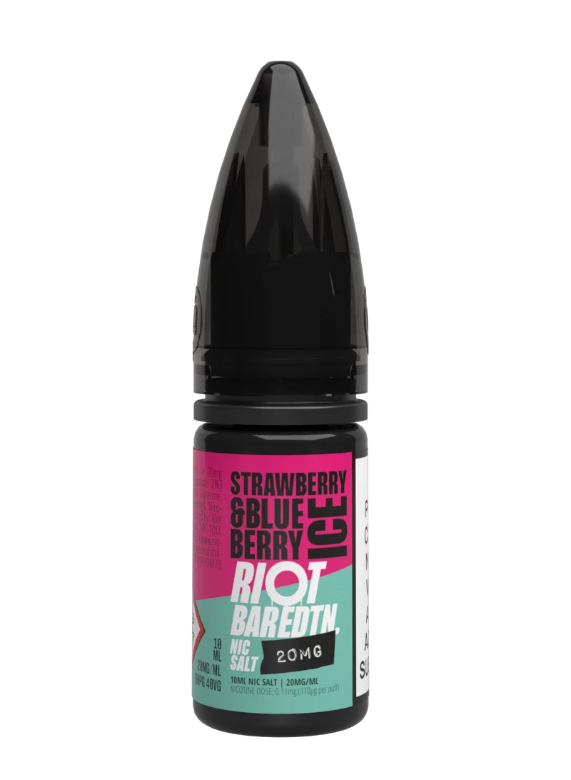 10× Riot Squad Bar Edition Nic Salt E‑Liquids in Strawberry & Blueberry Ice – a pack of ten 10 ml bottles featuring a formulated with smooth nicotine salt and a 40/60 PG/VG base for a richer vapor experience.