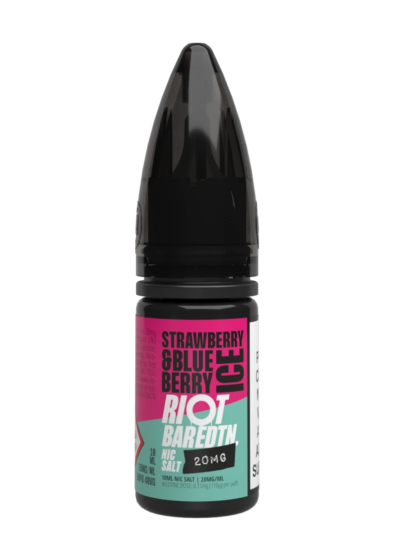 10× Riot Squad Bar Edition Nic Salt E‑Liquids in Strawberry & Blueberry Ice – a pack of ten 10 ml bottles featuring a formulated with smooth nicotine salt and a 40/60 PG/VG base for a richer vapor experience.
