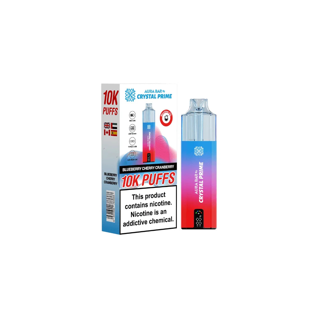 Blueberry Cherry Cranberry Aura Bar Crystal Prime 10K Prefilled Pod Kit – long-lasting vape device with bold flavours and a sleek crystal-style design