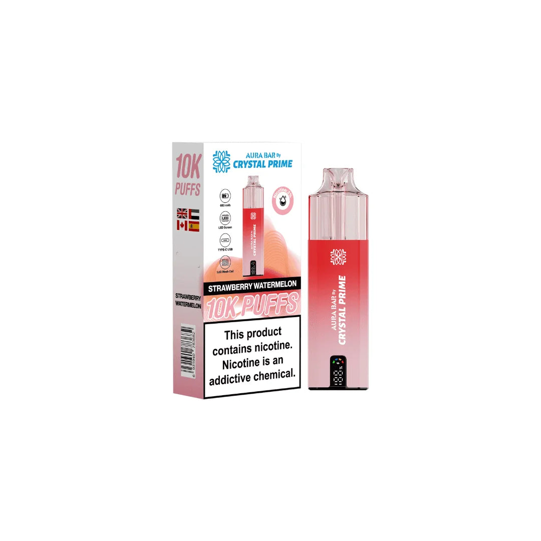 Strawberry Watermelon Aura Bar Crystal Prime 10K Prefilled Pod Kit – long-lasting vape device with bold flavours and a sleek crystal-style design