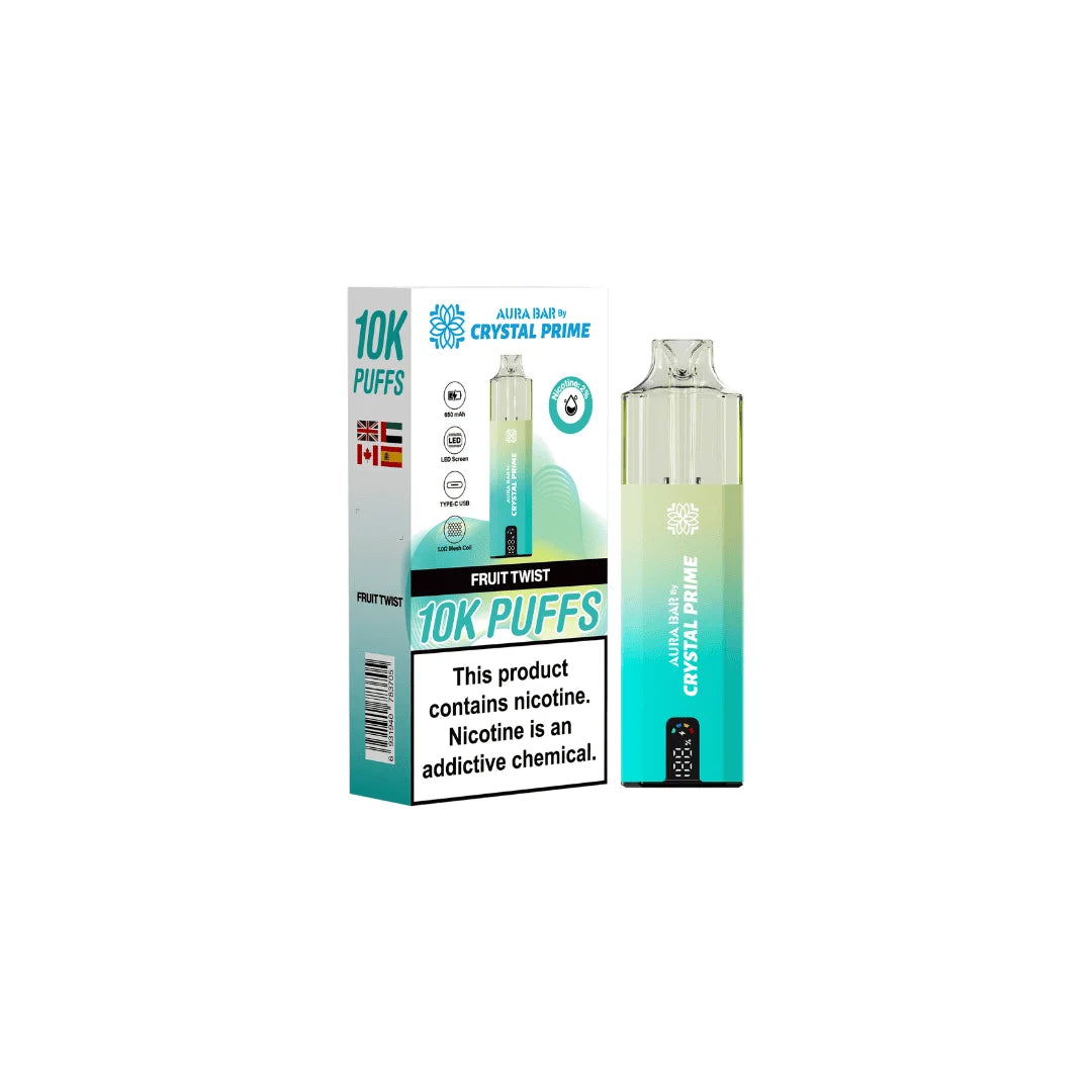 Fruit Twist Aura Bar Crystal Prime 10K Prefilled Pod Kit – long-lasting vape device with bold flavours and a sleek crystal-style design
