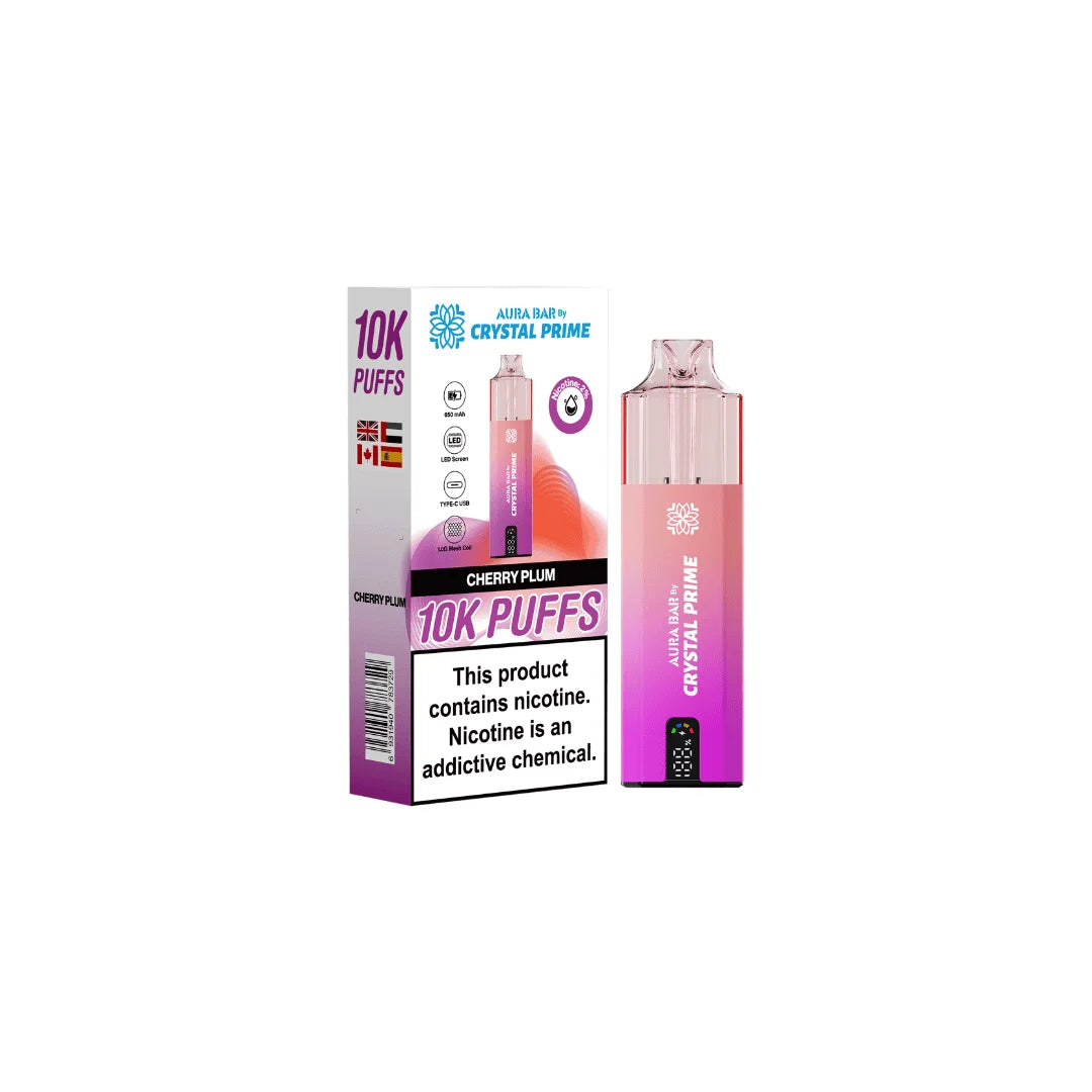 Cherry Plum Aura Bar Crystal Prime 10K Prefilled Pod Kit – long-lasting vape device with bold flavours and a sleek crystal-style design