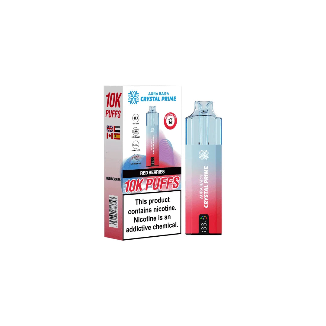 Red Berries Aura Bar Crystal Prime 10K Prefilled Pod Kit – long-lasting vape device with bold flavours and a sleek crystal-style design