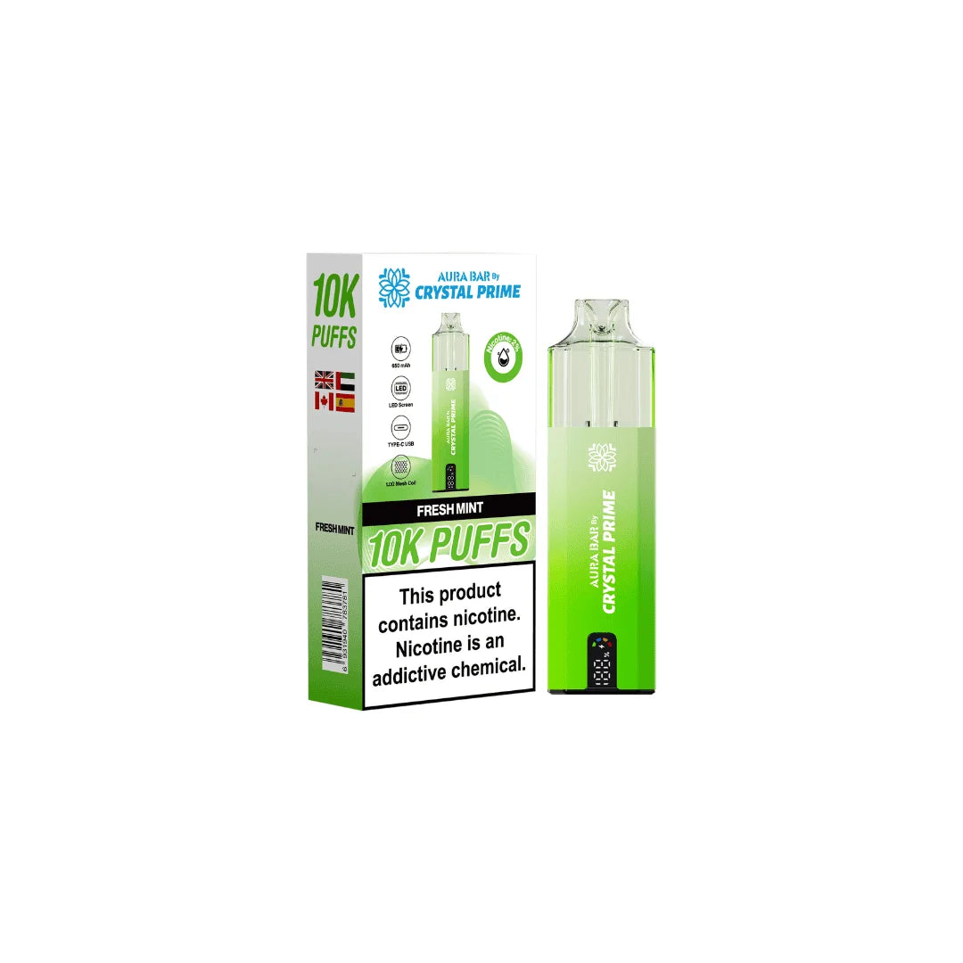 Fresh Mint Aura Bar Crystal Prime 10K Prefilled Pod Kit – long-lasting vape device with bold flavours and a sleek crystal-style design