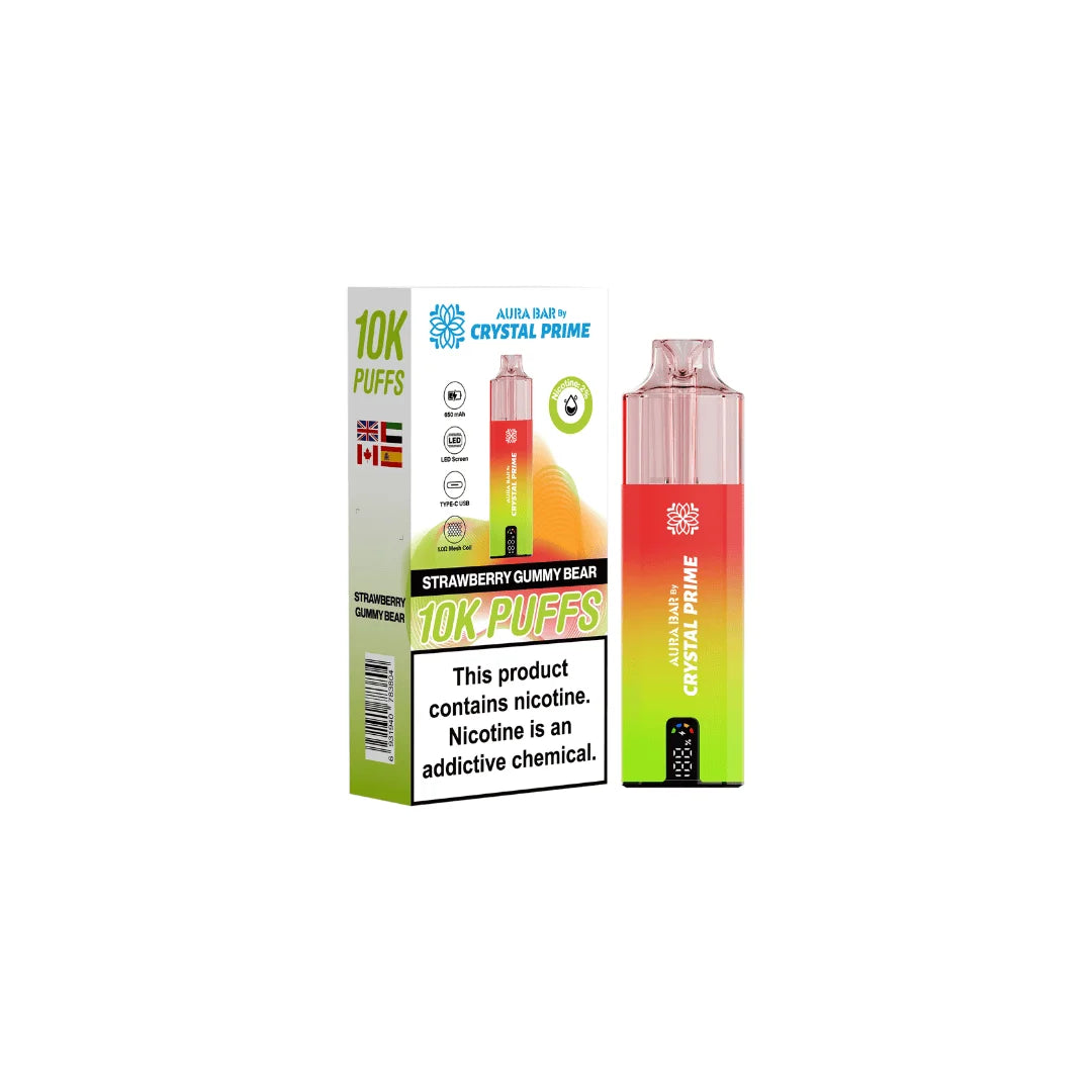Strawberry Gummy Bear Aura Bar Crystal Prime 10K Prefilled Pod Kit – long-lasting vape device with bold flavours and a sleek crystal-style design