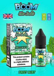A product image featuring a 10ml bottle of BOOM Fresh Mint E Liquid with a nicotine strength of 20mg/ml, highlighting the British-made product with a VG/PG ratio of 50/50, and highlighting the brand's logo and 'Made for Britain' tagline.