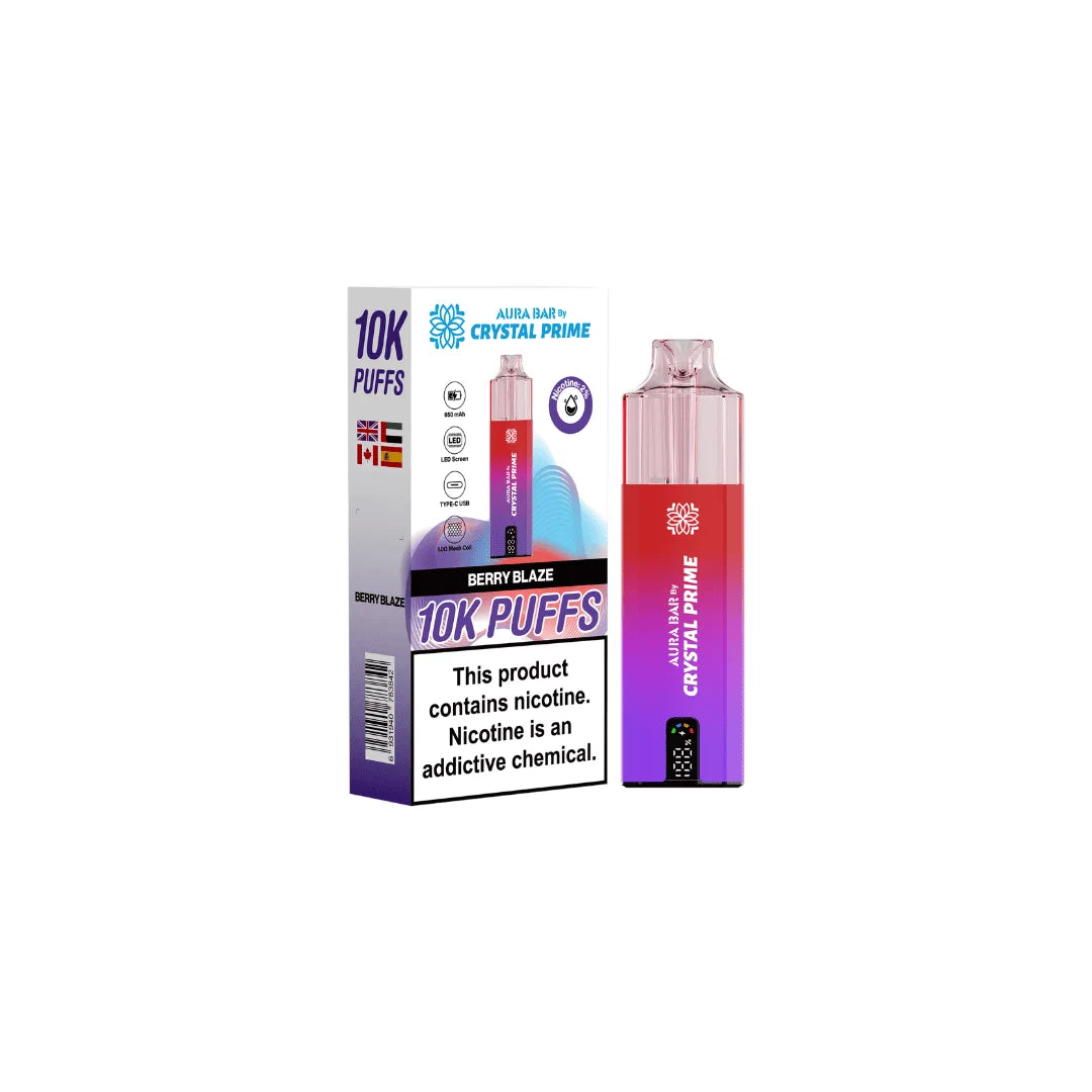 Berry Blaze Aura Bar Crystal Prime 10K Prefilled Pod Kit – long-lasting vape device with bold flavours and a sleek crystal-style design