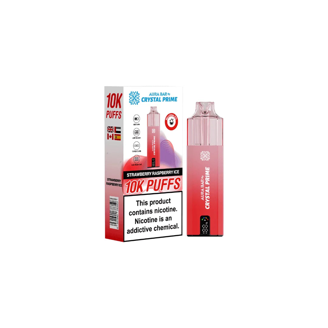 Strawberry Raspberry Ice Aura Bar Crystal Prime 10K Prefilled Pod Kit – long-lasting vape device with bold flavours and a sleek crystal-style design