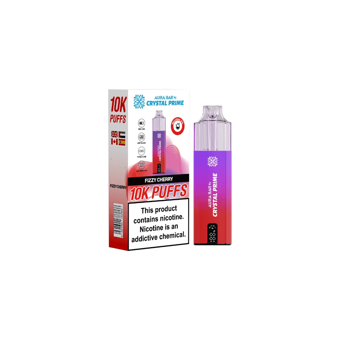 Fizzy Cherry Aura Bar Crystal Prime 10K Prefilled Pod Kit – long-lasting vape device with bold flavours and a sleek crystal-style design