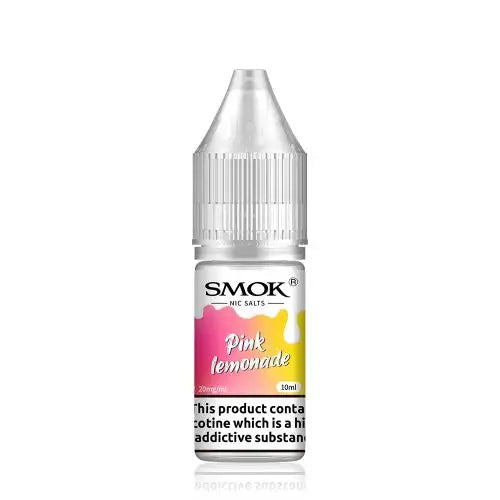 10ml bottle of SMOK Nic Salt Vape Juice in Pink Lemonade flavor, 50/50 PG/VG ratio for balanced flavor and vapor production, available in 10mg and 20mg nicotine salt strengths.