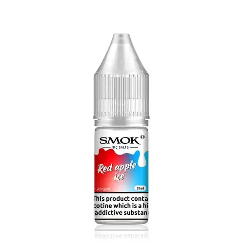 10ml bottle of SMOK Nic Salt Vape Juice in Red Apple Ice flavor, 50/50 PG/VG ratio for balanced flavor and vapor production, available in 10mg and 20mg nicotine salt strengths.