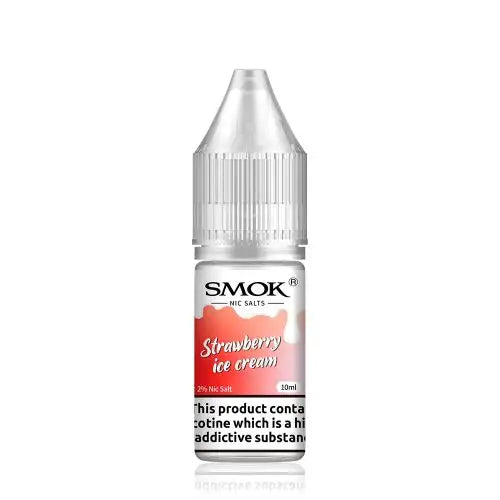 10ml bottle of SMOK Nic Salt Vape Juice in Strawberry Ice Cream flavor, 50/50 PG/VG ratio for balanced flavor and vapor production, available in 10mg and 20mg nicotine salt strengths.