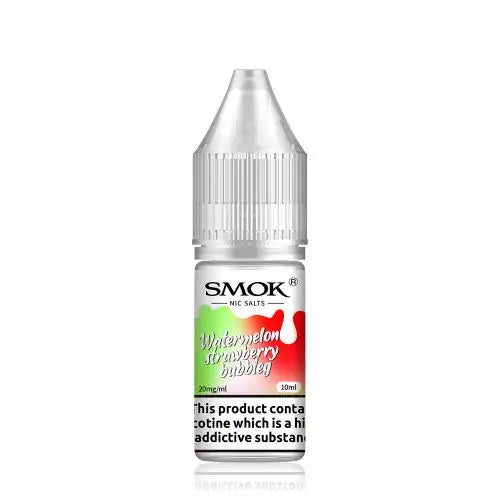 10ml bottle of SMOK Nic Salt Vape Juice in Watermelon Strawberry Bubbleg flavor, 50/50 PG/VG ratio for balanced flavor and vapor production, available in 10mg and 20mg nicotine salt strengths.
