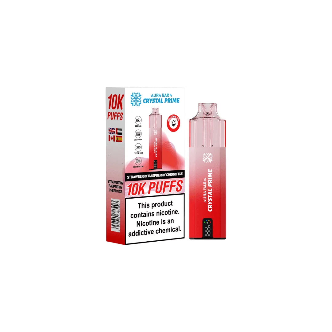Strawberry Raspberry Cherry Ice Aura Bar Crystal Prime 10K Prefilled Pod Kit – long-lasting vape device with bold flavours and a sleek crystal-style design