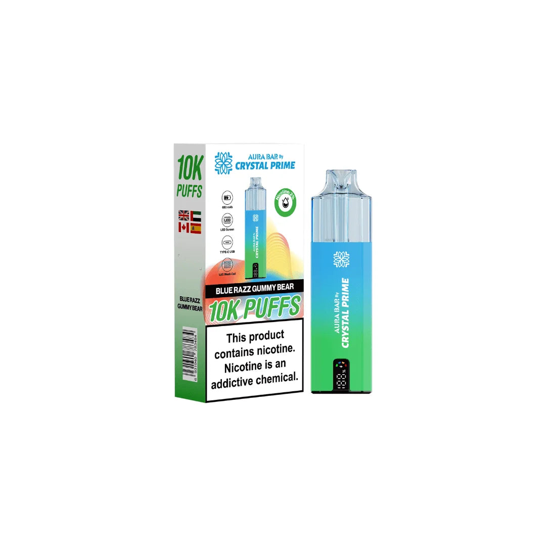 Blue Razz Gummy Bear Aura Bar Crystal Prime 10K Prefilled Pod Kit – long-lasting vape device with bold flavours and a sleek crystal-style design