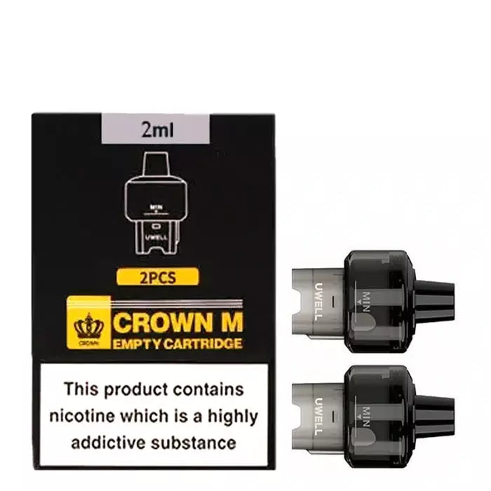 Pack of 2 Uwell Crown M pods, designed for the Crown M Kit 35W 1000mAh, featuring a 2ml capacity, twin coils for improved flavor and vapor, and a durable refillable design for a reliable pod mod experience