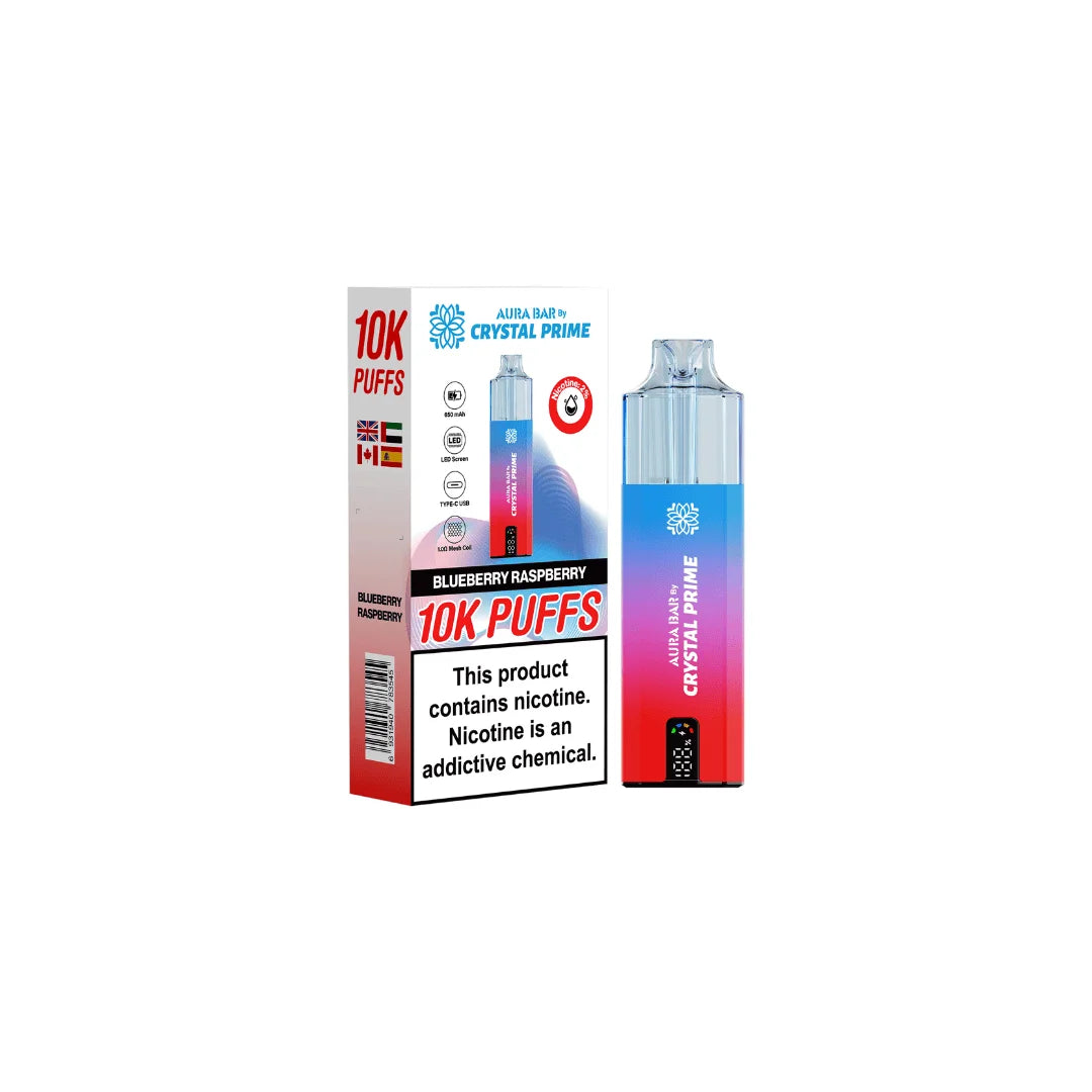 Blueberry Raspberry Aura Bar Crystal Prime 10K Prefilled Pod Kit – long-lasting vape device with bold flavours and a sleek crystal-style design