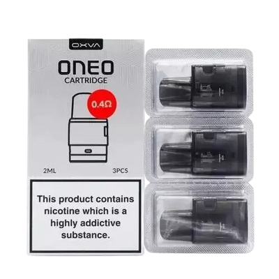 Pack of 3 OXVA ONEO pods 0.4Ω, compatible with the OXVA ONEO 40W Pod Vape Kit 1600mAh, featuring a 2ml refillable tank, side-fill design, and low-resistance coils for enhanced flavor and smooth restricted direct-to-lung (RDL) vaping