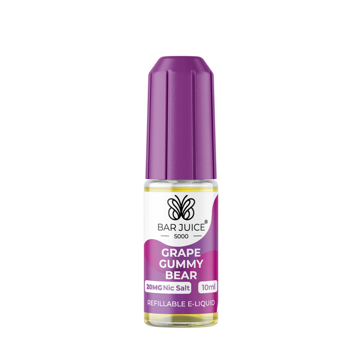 The image shows a product packaging for Bar Juice 5000 Grape Gummy Bear Nic Salt Vape juice. The packaging is predominantly purple with images of a grape and a bear, indicating the flavor and product type.