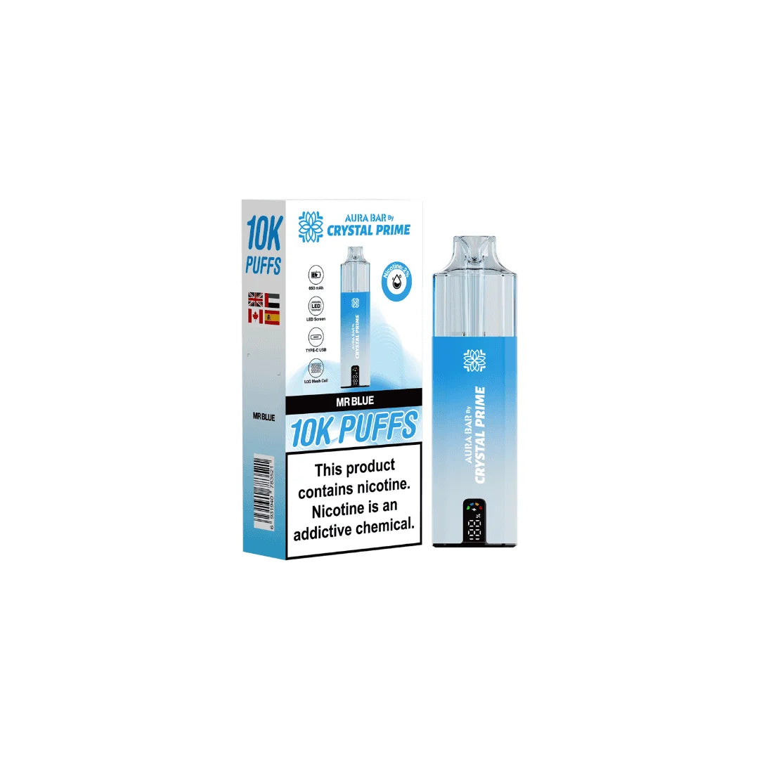 Mr Blue Aura Bar Crystal Prime 10K Prefilled Pod Kit – long-lasting vape device with bold flavours and a sleek crystal-style design