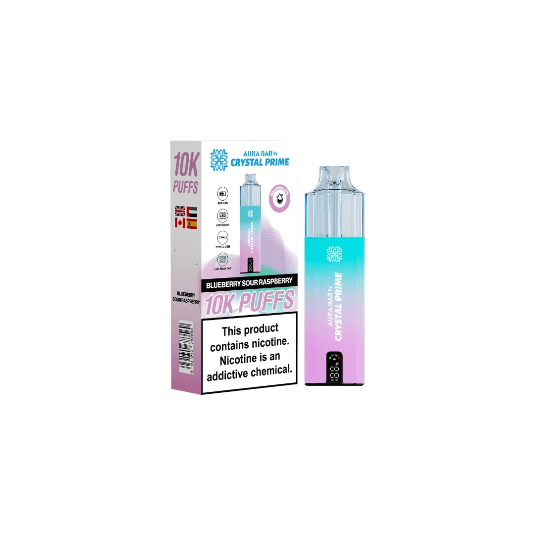 Blueberry Sour Raspberry Aura Bar Crystal Prime 10K Prefilled Pod Kit – long-lasting vape device with bold flavours and a sleek crystal-style design