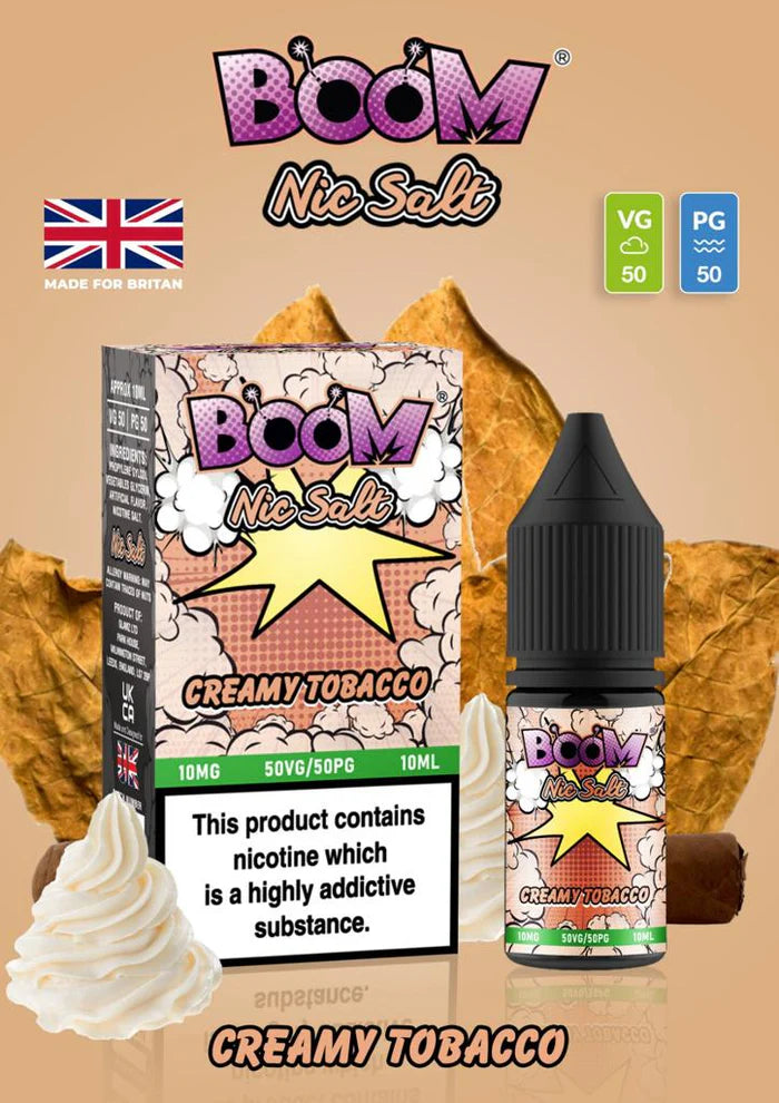 A product image featuring a bottle of Boom Nic Salt E Liquid with creamy tobacco flavor, alongside a schematic design of the product packaging, highlighting the nicotine content and VG/PG ratio. The background includes decorative elements like a mug with cream on top, a cigarette, and a mild sauce packet.